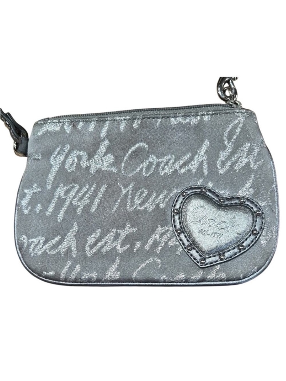 Coach Poppy Silver Script Heart Wristlet with Detachable Strap - Picture 5 of 15
